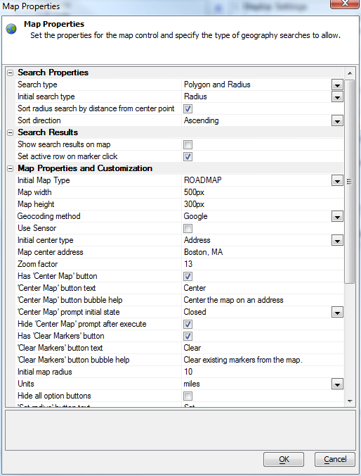 Map Search Part Properties
